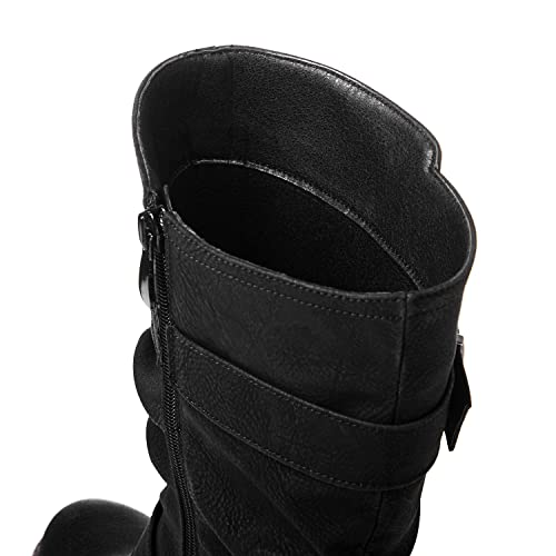 Image of GLOBALWIN Chunky Mid Calf Fashion Dressy Motocycle Biker Military Style Combat Boots for Women Low Heel