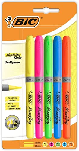 BIC Highlighter - Surligneurs à Pointe Biseautée Avec Grip - Couleurs Fluorescentes Assorties, Blister de 5, Letter Print