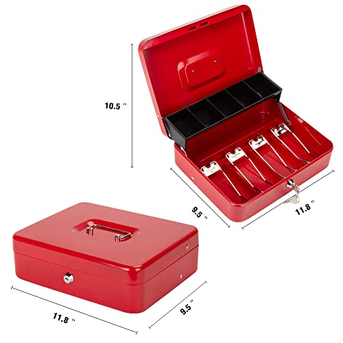 Sgorlds Large Locking Cash Box with Key Lock and Money Tray, Money Box with Cash Tray, Lock Safe Box 11.8\" x 9.5\" x 3.5\", Red