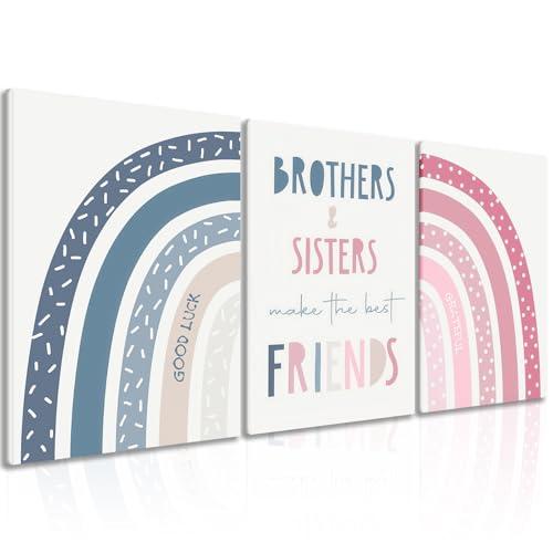 3Pcs framed Rainbow Wall Art Poster Prints Personalized Rainbow Theme Room Decor Pictures Boys Girls Bedroom Kids Room Wall Decor Pink and Blue Canvas With wooden frame 12x16