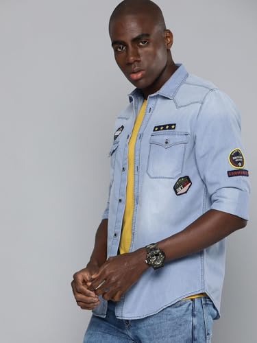 Image of The Indian Garage Co Men Slim Fit Solid Full Sleeves Cutaway Collar Double Flap Pocket Casual Denim Shirt