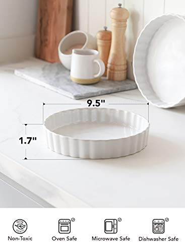 Le Tauci Quiche Tart Pan, 9.5 Inches Ceramic Fluted Pie Dish, Quiche Lorraine, Chicken Pot Pie, Set Of 2, White #TOP3
