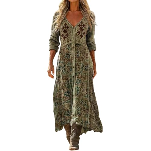 Womens Boho Floral/Geometric Print Maxi Dresses - Vintage Western Casual V Neck Long Sleeve Dress Summer Beach Vacation Sundress A Line Moomoo Flowy Loose Bouncy Lightweight Going Out Outfits Ladies