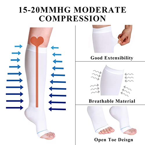 Image of Sintege 4 Pairs Open Toe Anti Embolism Compression Stockings Hose 15-20mmHg Compression Socks 18mmHg Toeless Knee Socks for Women Men Swelling