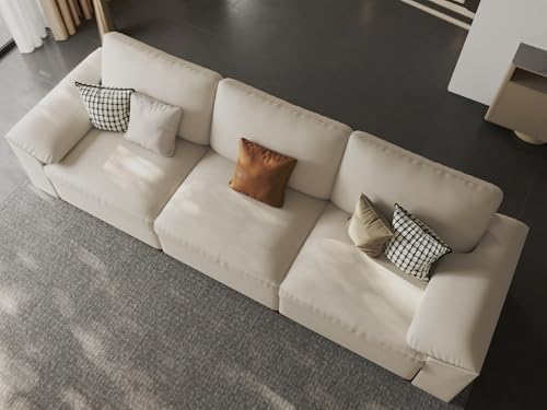 Image of EASE MOOSE Sectional Faux Leather Sofa, Scratch Resistant Couch, 3-Seater Oversized Modular Sofa, Modern Comfy Sofas Deep Seats for Small Spaces, Beige