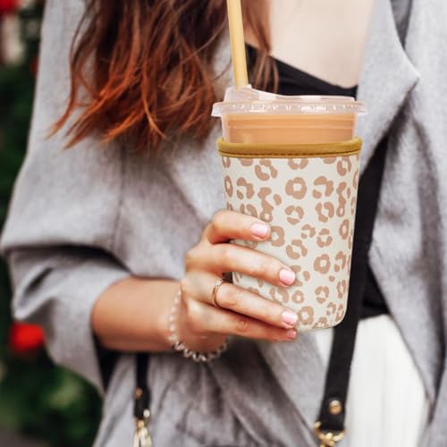 Image of Reusable Insulated Neoprene Iced Coffee Cup Sleeve, Durable Drink Sleeve for Cold Beverages, Beverage Holder for Iced Coffee (Leopard Grace)