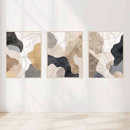 Toile tableau decoration murale haut de gamme triptyque abstrait lignes beiges et noires