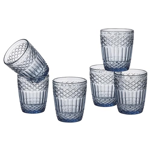 Baroni Home Set 6 pz di Bicchieri in Vetro Decorati con Rifiniture in Rilievo da 30 CL, Lavabili in Lavastoviglie, 8x8x10, Blu