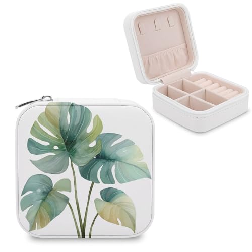 Jubonexis Caja de joyería pequeña con diseño de plantas Monstera de acuarela, organizador portátil de piel sintética, mini estuche de viaje