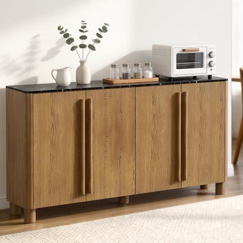 Image of 65 inch Sideboard Buffet Cabinet with Storage Set of 2, Wood Grain Top Credenza with Adjustable Shelves, Curved Accent Cabinet with Round Legs for Dining Room, Living Room, Entryway, Coffee Bar, Walnut
