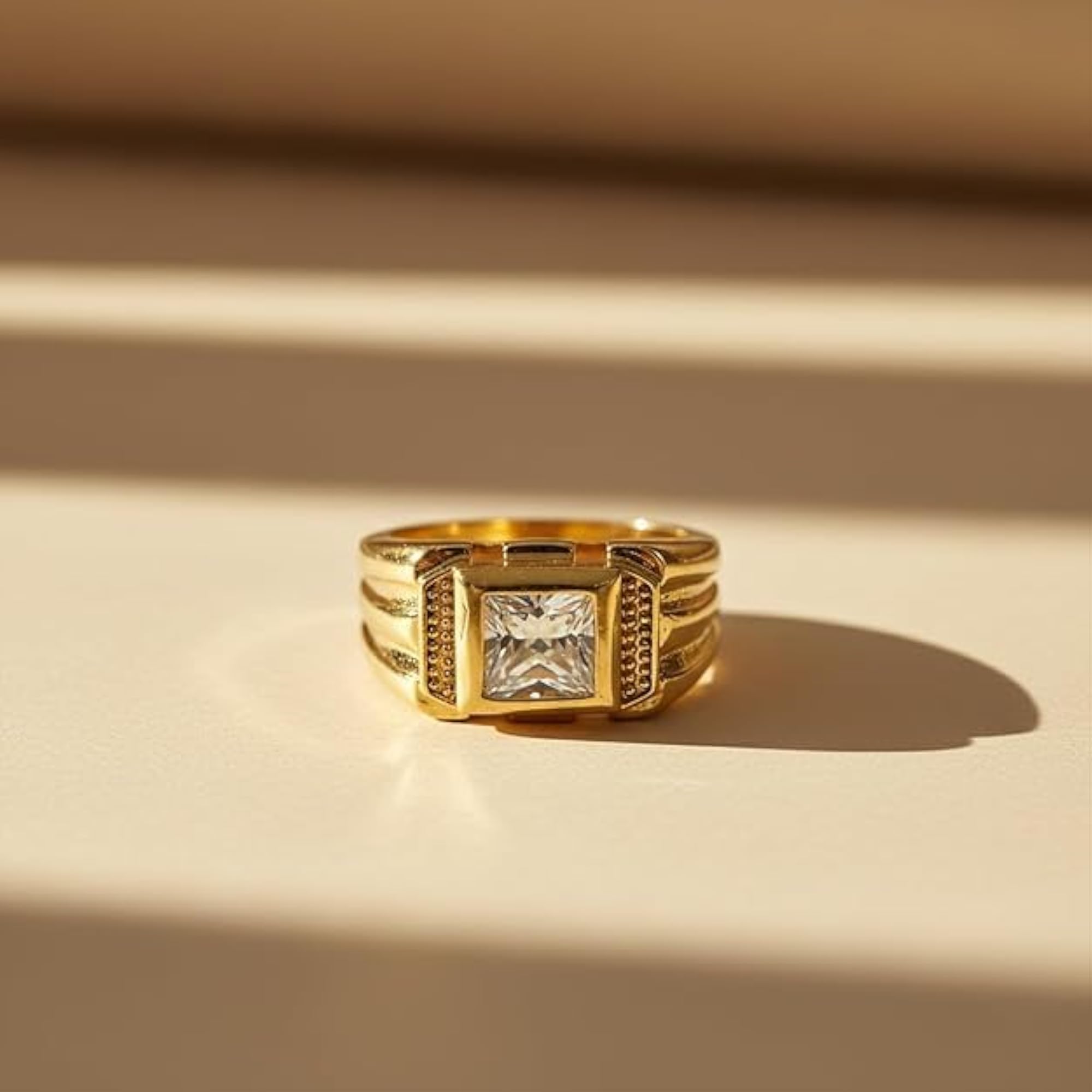 Gold-Plated Men's Ring with Square CZ Solitaire Stone