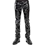 Loloda Men`s Patent Leather Pants Punk Style Skinny Tight Straight Pants Night Club Trousers Black Medium