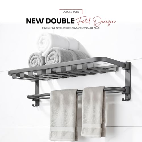 Image of Amazon Basics Foldable 24 Inch Towel Rack for Bathroom - Wall Mounted Space-Saving Aluminum Towel Holder with Double Tier Shelf, Rod & Hooks - Rustproof Bathroom Accessories