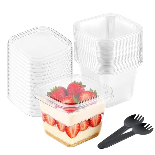 Kokoie Vasos de postre de plástico, 30 macetas para tarta de queso, mini tazas de postre con tapas y cucharas, tazas de parfait para cupcakes, pudín, yogur, mousse de frutas y helado (8,5 cm x 6,8 cm)