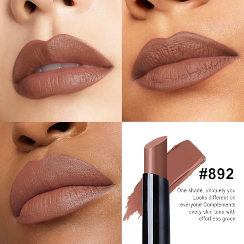 Image of evpct Nude Brown Velvet Matte Lipstick, High Pigmented Slim Lipstick Long Lasting Waterproof for Women Gift, Velvet Silky Lip Stick Stain Color Makeup Blendable 24 Hours Original Makeup Labiales, 892#