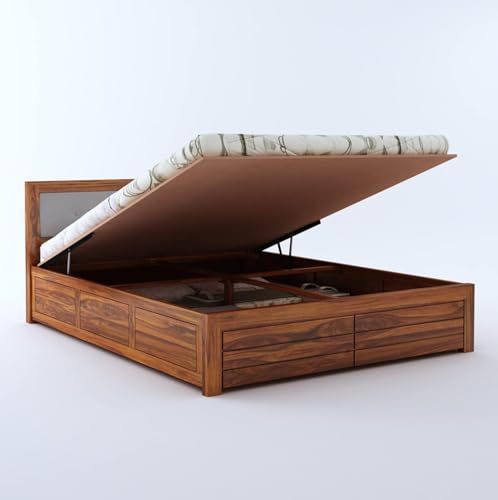 Image of Ganpati Arts Solid Sheesham Wood Euro King Size Bed with Hydraulic Storage and Upholstered Headboard | Wooden Double Bed Cot Palang Furniture for Bedroom, Living Room, Home and Hotel (Natural Finish)