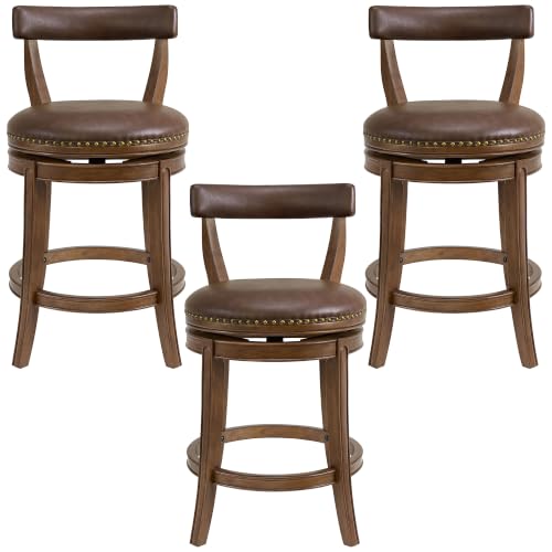 Image of ROME + OAK Ruxban 26 inch Counter Stool, Set of 3 Low Back Swivel Barstools in Walnut Finish with Saddle Brown Vegan Leather Seat - Indoor Home Furniture