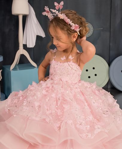 Tulle Flower Girl Dress Ruffles Sparkly Princess Pageant Dress 3D Butterfly Appliques Girls Fancy Ball Gown4