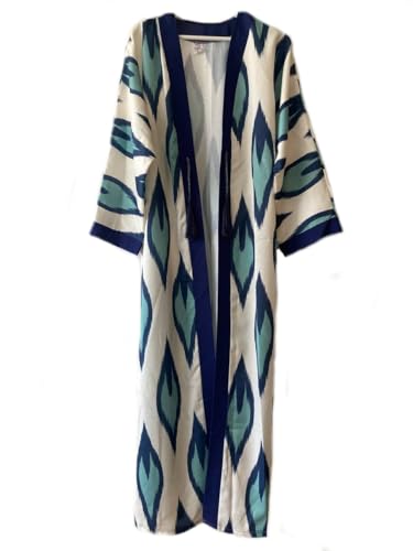 Quimono longo bohemia premium con estampado artístico para looks de playa