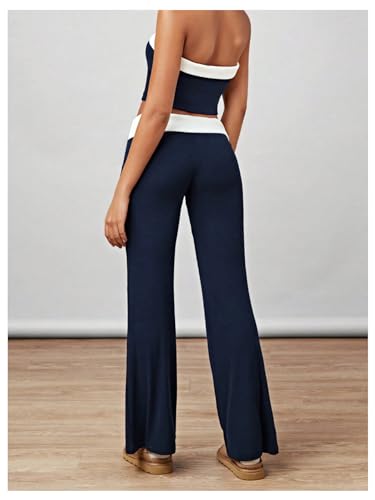 WDIRARA Women's 2 Piece Outfits Color Block Strapless Sleeveless Tube Top and Bell Bottom Flare Pants Set2