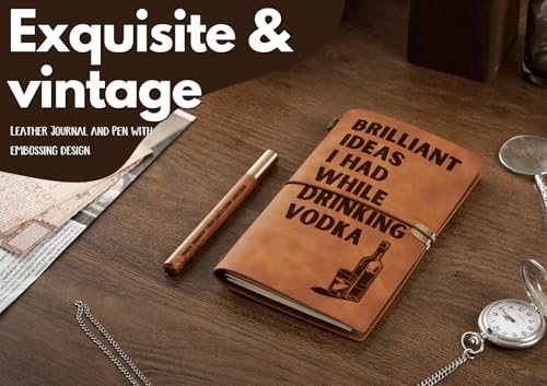 Vodka gifts Leather Journal Notebook with Pen, for Vodka Lovers, Men, Women on Birthday, Refillable Sketchbook, Travel Diary, Lined Planner, 7x5 Inches, Brown