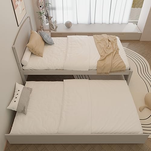 Image of Xilingol Trundle Bed Twin, Solid Wood Bed Frames with Headboard and Wooden Slats Support, Twin Trundle Bed Frame Roll Out, Single Box (No Box Spring Needed)