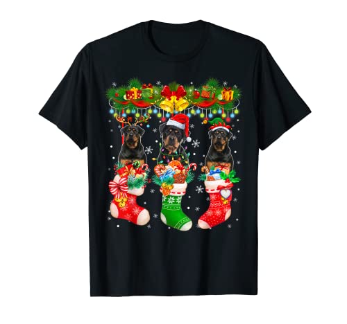 Three Santa Reindeer Elf Rottweiler Dogs In Christmas Socks T-Shirt