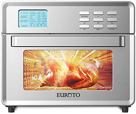 EUROTO [Newest 2021] Stainless Steel Large Capacity 26.8 QT Air Fryer Oven, 24 in 1 Multi-function, 360 Air Circulation Toaster Oven, LCD digital Display, 4 Layer Shelves, Included Oven Gloves & Apron Up to 450°F, 1800W