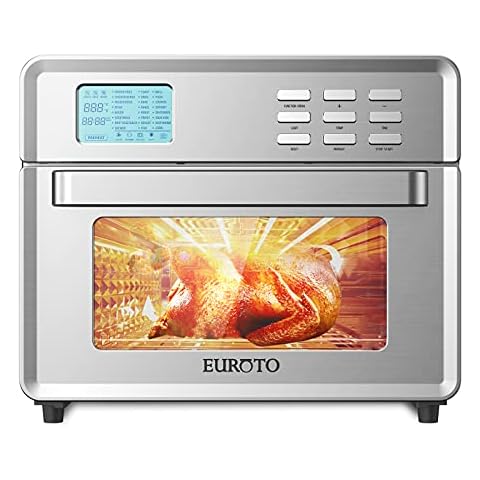 EUROTO Stainless Steel Large Capacity 26.8 QT Air Fryer Oven, 24 in 1 Multi-function, 360 Air Circulation Toaster Oven, LCD digital Display, 4 Layer Shelves, Included Oven Gloves & Apron Up to 450°F Cover