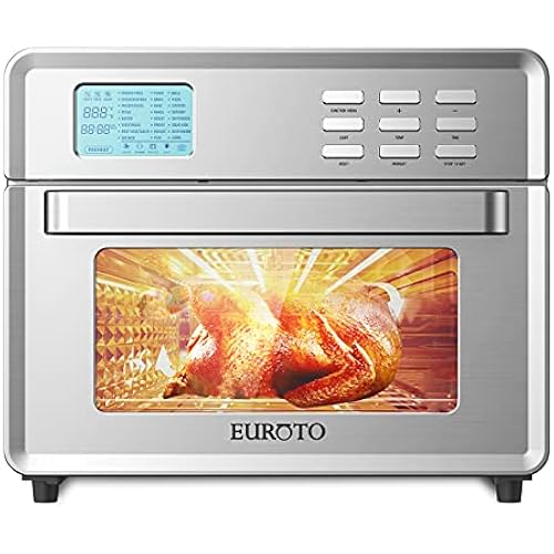 EUROTO Stainless Steel Large Capacity 26.8 QT Air Fryer Oven, 24 in 1 Multi-function, 360 Air Circulation Toaster Oven, LCD digital Display, 4 Layer Shelves, Included Oven Gloves & Apron Up to 450°F