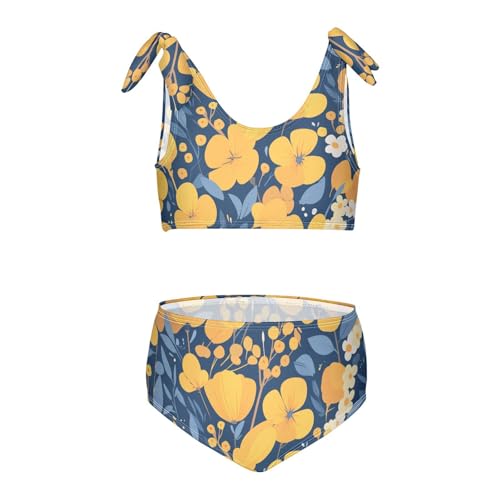 Elegant Pattern with Yellow Flowers Girls' Two Piece Kids Bikini Set Beach Swimsuits Swimming Suits Adjustable Strap