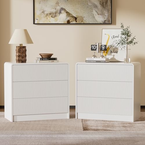 Image of Furniway White Nightstands Set of 2, 32 inch Modern 3 Drawer Bedside Table with Storage, Large Night Stand for Bedroom