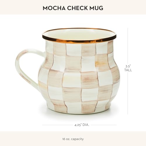 Image of MACKENZIE-CHILDS Enamel Mug, 16 Ounces, Brown-and-White Mocha Check