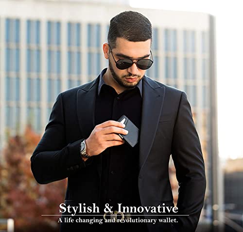 Contacts Genuine Leather Slim Wallet | RFID Blocking Skinny Minimal Thin Front Pocket Wallet Sleeve Card Holder for Men | 7 Card Slots, 1 ID Window, Black, Minimalist2