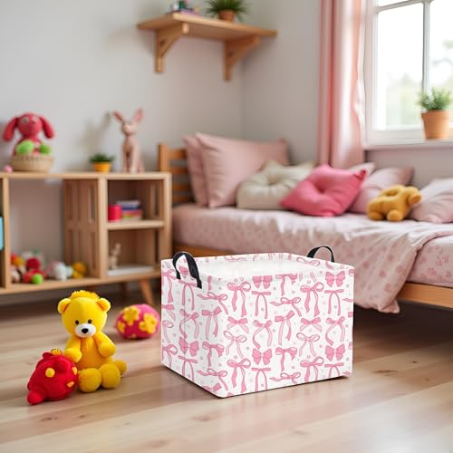 Image of Rectangular Kids Storage Basket for Home Kitchen Girls Cute Storage Bin Organizer Shelf Book Room Decor(Pink Bowknot)