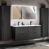 Lomadox Badkamermeubel badkamermeubel, complete set, matzwart, ribbellook, 120 cm, wastafel met onderkast, keramische wastafel, led-spiegel, 2 hoge kasten, 170/200/46 cm (b x h x d)