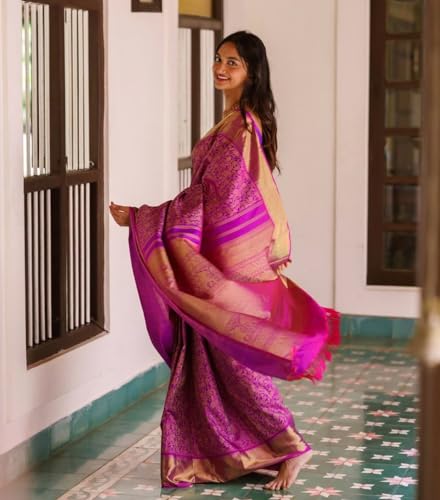 Image of Flosive Women's Kanjivaram Silk Saree With Beautiful Blouse With Zari Border