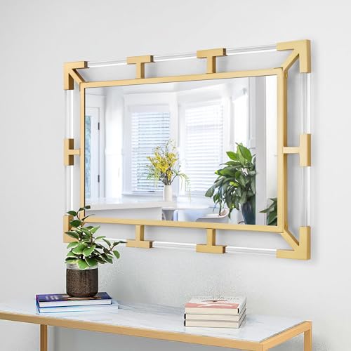 Image of Chende Gold Wall Mirror for Decor with Clear Acrylic and Metal Frame | 26 inch x 38 inch Large Bathroom Mirror, Horizontal /Vertical Wall Decor for Dining Room, Bedroom, Hallway, Fireplace