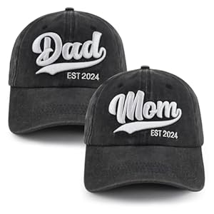 2PCS Mom and Dad EST 2024 Hat, 3D Embroidered Adjustable Cotton New Parents Gifts Baseball Cap