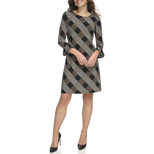 Image of Tommy Hilfiger Women's 3 /4 Ruffle Trim Sleeve Round Neck Jersey Shift Mini Dress