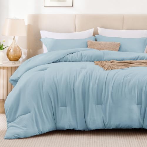Image of Love's cabin Light Blue Full Comforter Set, 3-Piece Prewashed Bed Set with 1 Comforter (79 x 90 in) & 2 Pillowcases, Lightweight & Breathable for All Seasons