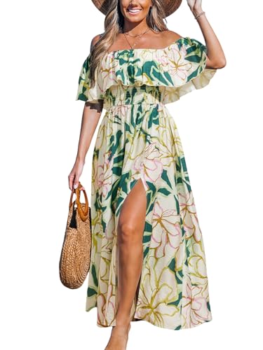Image of CUPSHE Women Ruffle Floral Maxi Summer Dress Off Shoulder Short Sleeve Backless Flounce Bodice Slit Hem Beach Dresses