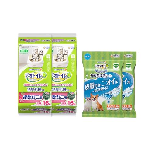 デオトイレ 複数ねこ用 消臭抗菌 シート ボタニカル 16枚×2 デオクリーン からだふきシート 中大型犬猫用 無香 15枚×2 ペットシーツ ペットシート トイレ 猫 ペット 清潔 ユニチャーム 愛猫用 ペット用品