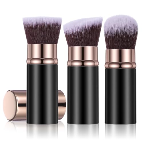 LXUEJIE 3 Pack Retractable Makeup Brush, Travel Kabuki Foundation Brush Portable Powder Foundation Brushes Face Blush Brushes for Blending Liquid Blush Bronzer Buffing Sunscreen Cosmetics(Black Gold)