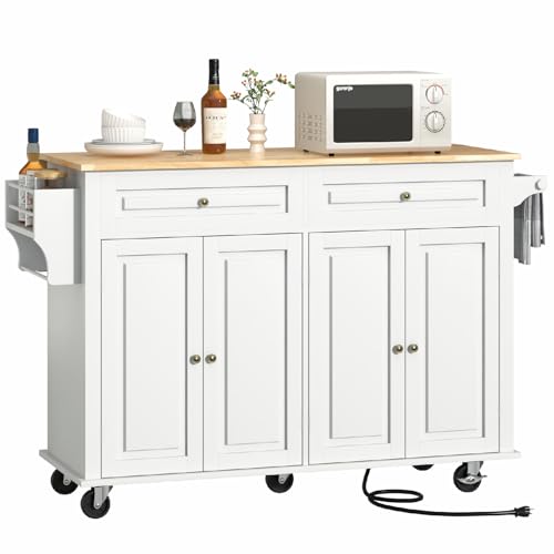 Hlivelood 55' Movable Kitchen Island with Drop Leaf and Power Outlet, Rolling Island Cart w/Storage Cabinet, Island Table on Wheels for Kitchen w/2 Drawers, Spice Rack, Towel Bar, Garage Hook, White
