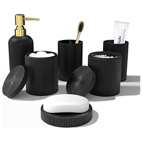 LKKL Badezimmer Zubehör Set 6-teilig Badezimmer Seifenspender Zahnputzbecher Bad Set mit Seifenschale Halter Zahnbürstenbecher Lotionspender Zahnbürstenhalter Qtip Halter Badausstattung Sets - Schwarz Cover