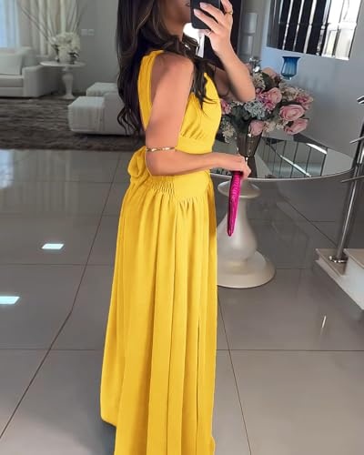 Image of CHICME Women's Sleeveless Halter Neck Dress Criss Cross Tie Back Split High Maxi Dress