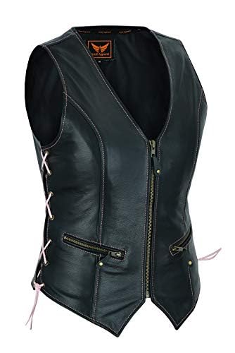 Women Motorcycle Biker Classic Vest Genuine Cowhide Leather Vest With Gun Pocket