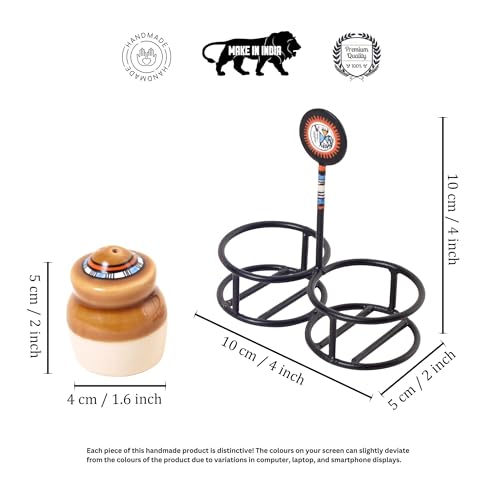Image of Aakriti Art Creations Ceramic Salt & Pepper Set with Metal Stand | Handcrafted Modern Art Kitchen & Dining Dispenser Set | Salt Pepper Shaker Set for Dining Table | Kitchen Decoration Items Stylish