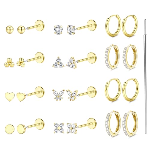 Sanfenly Push in Stud Earrings, 20G-Butterfly Flat Back Earrings,Hypoallergenic Threadless Flat Back Earrings Studs 316L Surgical Steel Cartilage Earrings for Women Gold